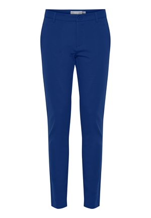 Blauwe aansluitende broek van rekbaar materiaal, met een gladde textuur, standaard tailleband met knoopsluiting en zijzakken.