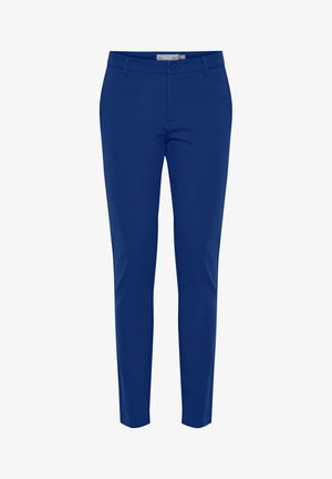 Blauwe aansluitende broek van rekbaar materiaal, met een gladde textuur, standaard tailleband met knoopsluiting en zijzakken.