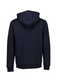 Felpa con cappuccio blu navy dal design semplice, con una consistenza morbida, maniche lunghe e una vestibilità leggermente ampia. Tessuto liscio.