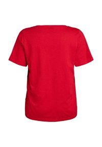 Raudona trumpa rankovė t-shirt, apvalios iškirptės dizainas, pagaminta iš minkštos medvilnės medžiagos, pasižyminti lygiu paviršiumi be matomų raštų ar akcentų.