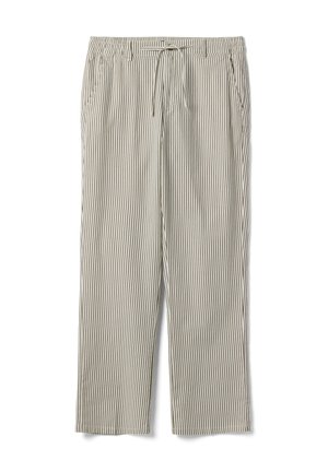 Pantalon beige à cordon de serrage avec fines rayures verticales brunes, taille élastique et poches latérales, présenté à plat sur fond blanc.