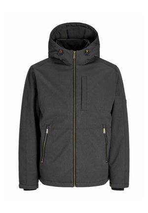 Veste à capuche gris foncé avec fermeture éclair frontale, deux poches latérales zippées et une poche poitrine verticale, conçue pour temps froid.