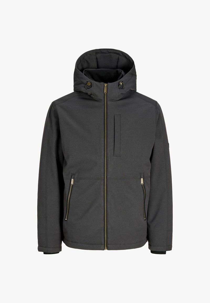 Veste à capuche gris foncé avec fermeture éclair frontale, deux poches latérales zippées et une poche poitrine verticale, conçue pour temps froid.