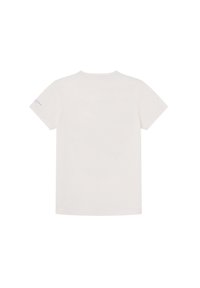 T-shirt en coton blanc à manches courtes, col rond, avec un petit logo bleu sur la manche gauche. Texture lisse, coupe régulière.
