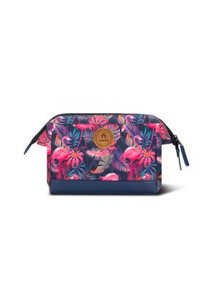 Flamingo-patterned cosmetic pouch in vibrant pink and green on a dark background. Features a leather logo and a sturdy zip closure.