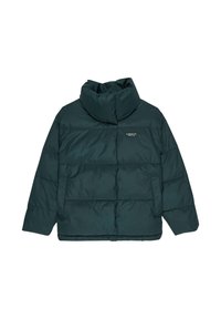 Donkergroene pufferjack met hoge kraag, zijzakken en een klein wit "ELEMENT CO." logo op de linkerborst.
