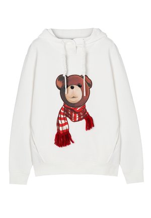 Biała bluza z kapturem z grafiką misia w czerwono-białym paskowanym szaliku z frędzlami. Miękki materiał i luźny krój.