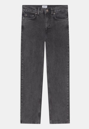 Jeans de denim cinza escuro com design de perna reta, cinco bolsos e desvanecimento subtil. Confeccionados em tecido de algodão resistente com uma leve textura.