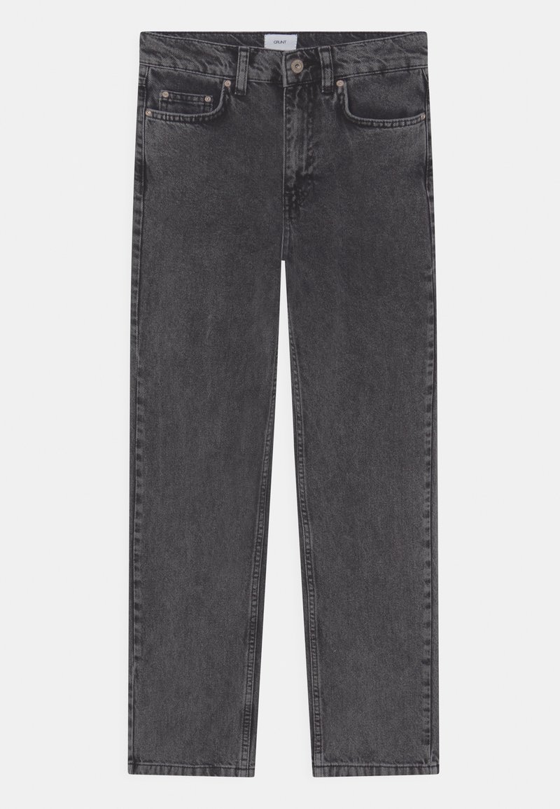 Dark gray denim jeans with a straight-leg design, five pockets, and subtle fading. Crafted from sturdy cotton fabric with a slight texture.