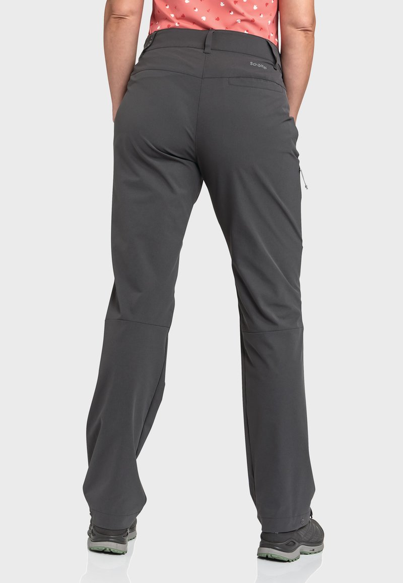 Szare spodnie hikingowe z prostymi nogawkami, wykonane z elastycznego materiału, z regulowanym paskiem w talii i tylną kieszenią. Bez widocznych wzorów.