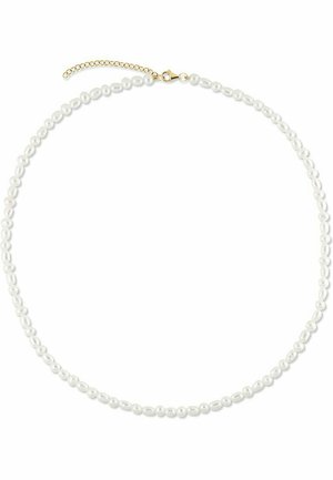 Perlenkette aus kleinen, runden weißen Perlen mit einem zarten Goldverschluss und einer verstellbaren Kette zur individuellen Längenanpassung.