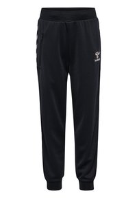 Pantalons de survêtement noirs en tissu doux, dotés d'une cheville ajustée, de zips sur les côtés et d'un logo à l'avant. Design simple et fonctionnel.