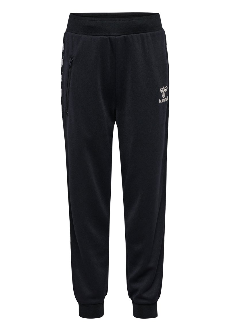 Pantalons de survêtement noirs en tissu doux, dotés d'une cheville ajustée, de zips sur les côtés et d'un logo à l'avant. Design simple et fonctionnel.