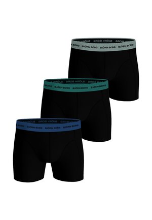 Tre sorte boksershorts til mænd med elastiske linninger i grå, grøn og blå, hver med mærket "BJÖRN BORG" på linningen.