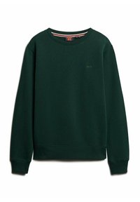Sudadera verde oscuro con cuello redondo, puños y dobladillo acanalados, y un sutil detalle del logo en el pecho. Tejido de textura suave.