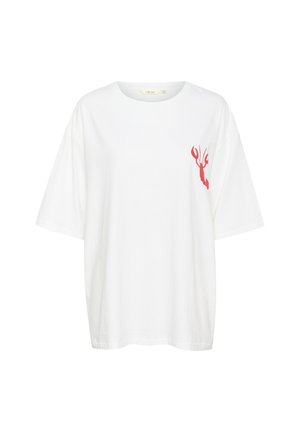 White cotton t-shirt with short sleeves and a round neckline. Features a red lobster graphic on the left chest area. Soft texture.