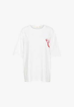 Balta kokvilnas T-krekls ar īsām piedurknēm un apaļu izgriezumu. Kreisajā krūšu daļā ir sarkans omāra grafisks attēls. Mīksta tekstūra.