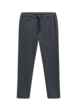 Graue Karottenhosen mit einem Kordelzugbund, Seitentaschen und taillierter Beinform. Der Stoff hat ein dezentes, strukturiertes Muster.