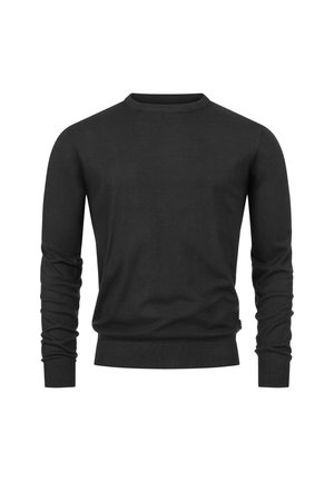 Jersey negro de manga larga con cuello redondo, puños y dobladillo acanalados, mostrado sobre un fondo blanco.