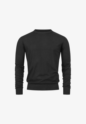 Čierny sveter s dlhými rukávmi a okrúhlym výstrihom, s rebrovanými manžetami a lemom, zobrazený na bielom pozadí.