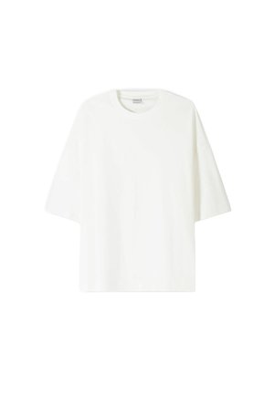 Tricou alb cu mânecă scurtă, fabricat din bumbac, cu guler tip crew și o croială lejeră, având o tivă dreaptă.