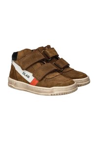 Brown suede high-top sneakers with two Velcro straps, white and orange accents, and a textured rubber sole. DLAB logo on the side.