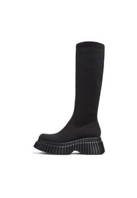 Knee-høje sorte strikkede støvler med ribbet tekstur og chunky sål af gummimateriale med tænder. Elegant design med rund tå og god strækbarhed.