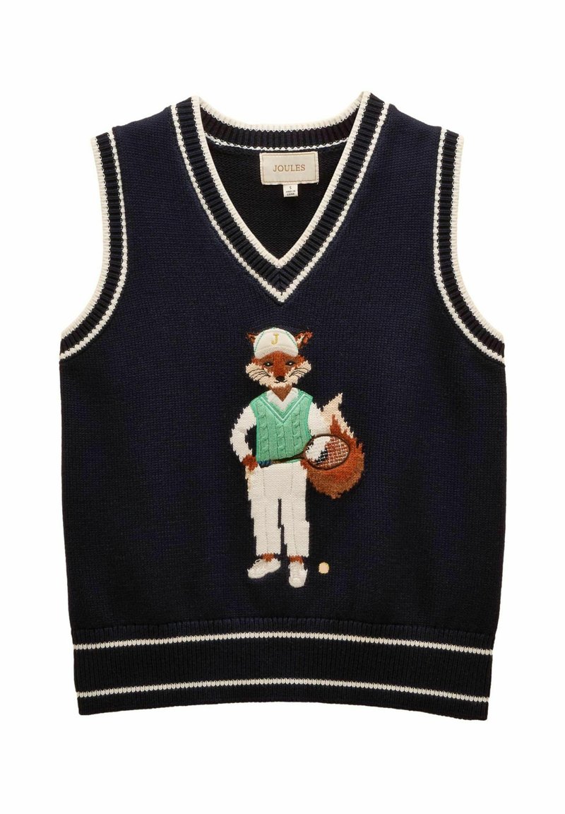 Tumes sinine kudumvest v-kaelusega, millel on detailirohke tikandiga rebane golfivarustuses, valge ääris ning mänguline disain.