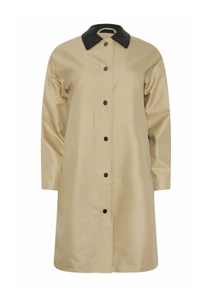 Manteau beige à manches longues avec boutons, col noir pointu, coupe droite et longueur mi-cuisse.