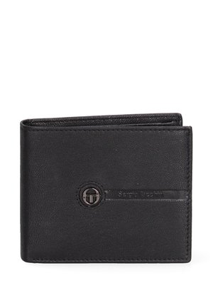 Black leather wallet with textured exterior, bi-fold design, subtle branding, and a circular metal accent on the front.
