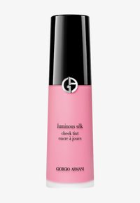 Giorgio Armani Luminous Silk Cheek Tint i en frostad rosa flaska med svart lock. Har ett präglat logotyp och produktinformation i svart text.