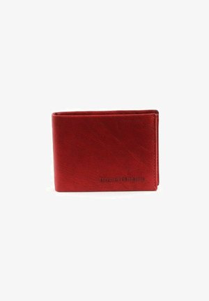 Portefeuille en cuir rouge avec une finition texturée, un design minimaliste et un marquage en relief. Forme rectangulaire compacte avec une ouverture simple.