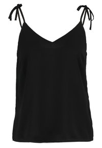 Débardeur noir à col en V avec des bretelles fines et réglables, fabriqué à partir d'un tissu léger. Il présente une coupe décontractée et une texture lisse.