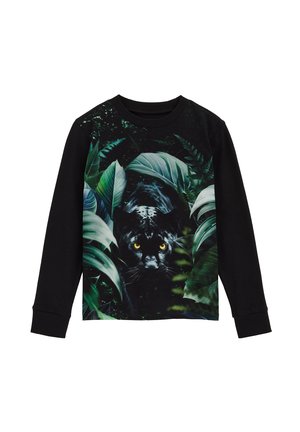 Svart sweatshirt med långa ärmar som har ett livfullt djungelmönster, där en svart panter med gula ögon framhävs bland gröna blad.