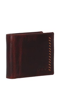 Brown leather wallet with a textured finish, featuring visible stitching along one edge and embossed branding on the lower front.