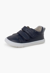 Navy leather sneakers with two Velcro straps, white rubber sole, rounded toe, and subtle embossed branding on the side.