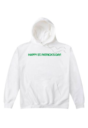 Biała bluza z kapturem, z przednią kieszenią i zielonym napisem "SZCZĘŚLIWEGO DNIA ŚWIĘTEGO PATRYKA!" na piersi.