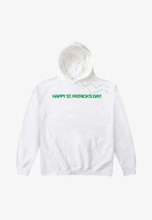 Weißes Kapuzen-Sweatshirt mit Fronttasche und grünem Text "HAPPY ST. PATRICK'S DAY!" auf der Brust.