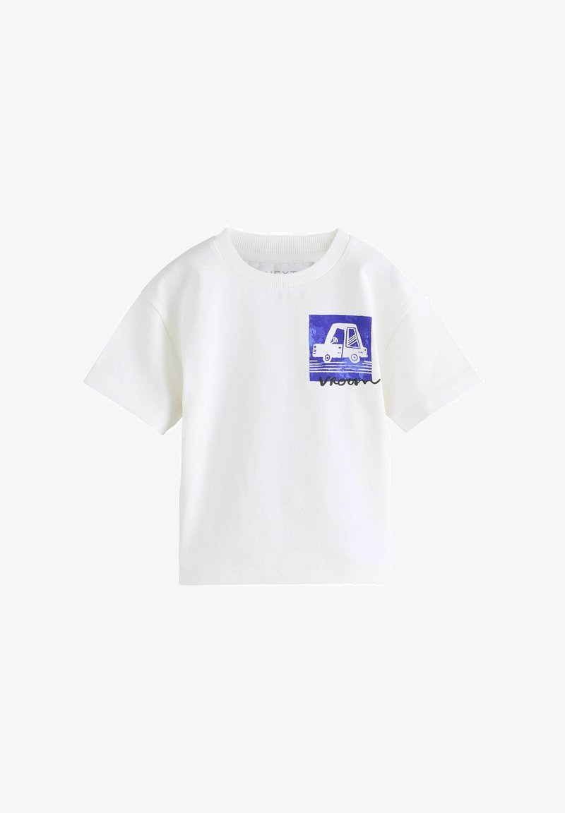 White short-sleeve toddler t-shirt with blue square graphic of a car and the word "vroom" on the chest.