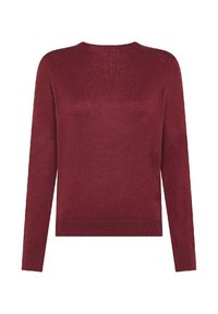 Maglione a maglia bordeaux con maniche lunghe, scollatura rotonda, texture a coste e orlo aderente. Design semplice senza motivi o hardware visibile.