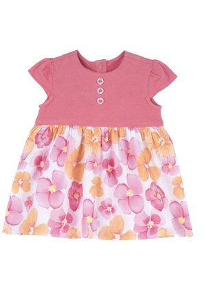Vestito corto per bambina a maniche corte di colore rosa con tre bottoni sul petto e gonna a motivo floreale in tonalità di rosa, arancione e bianco.