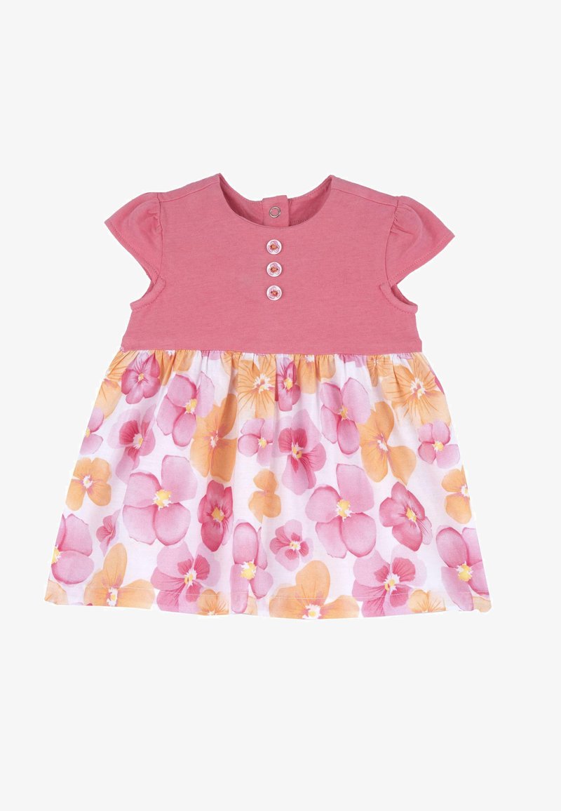 Robe bébé rose à manches courtes avec trois boutons sur la poitrine et une jupe à motifs floraux dans des tons de rose, orange et blanc.