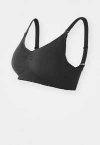 Melna bezvadu krūšturis ar regulējamiem siksniņām un ribotu apakšsvītru uz baltā fona.