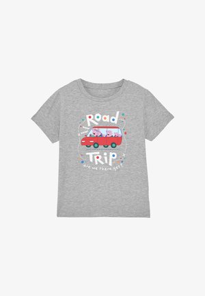 Gray cotton t-shirt featuring a printed colorful design of a red car and cartoon characters with "Road Trip" text and playful accents.
