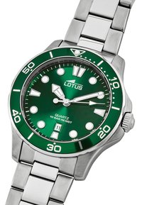 Green dial watch with silver stainless steel bracelet. Features include hour markers, date window, and a rotating bezel. Water-resistant to 10 bar.