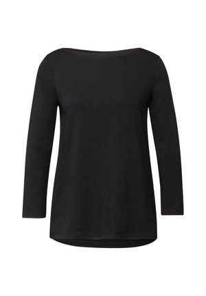 Czarna bluzka z długim rękawem i szerokim dekoltem, wykonana z gładkiej tkaniny. Posiada luźny krój i prosty dół. Bez widocznych wzorów ani akcentów.