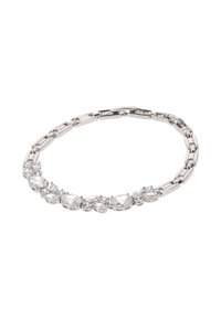 Bracciale in argento con gemme chiare ovali alternate e link allungati, che evidenzia una superficie liscia e lucida.