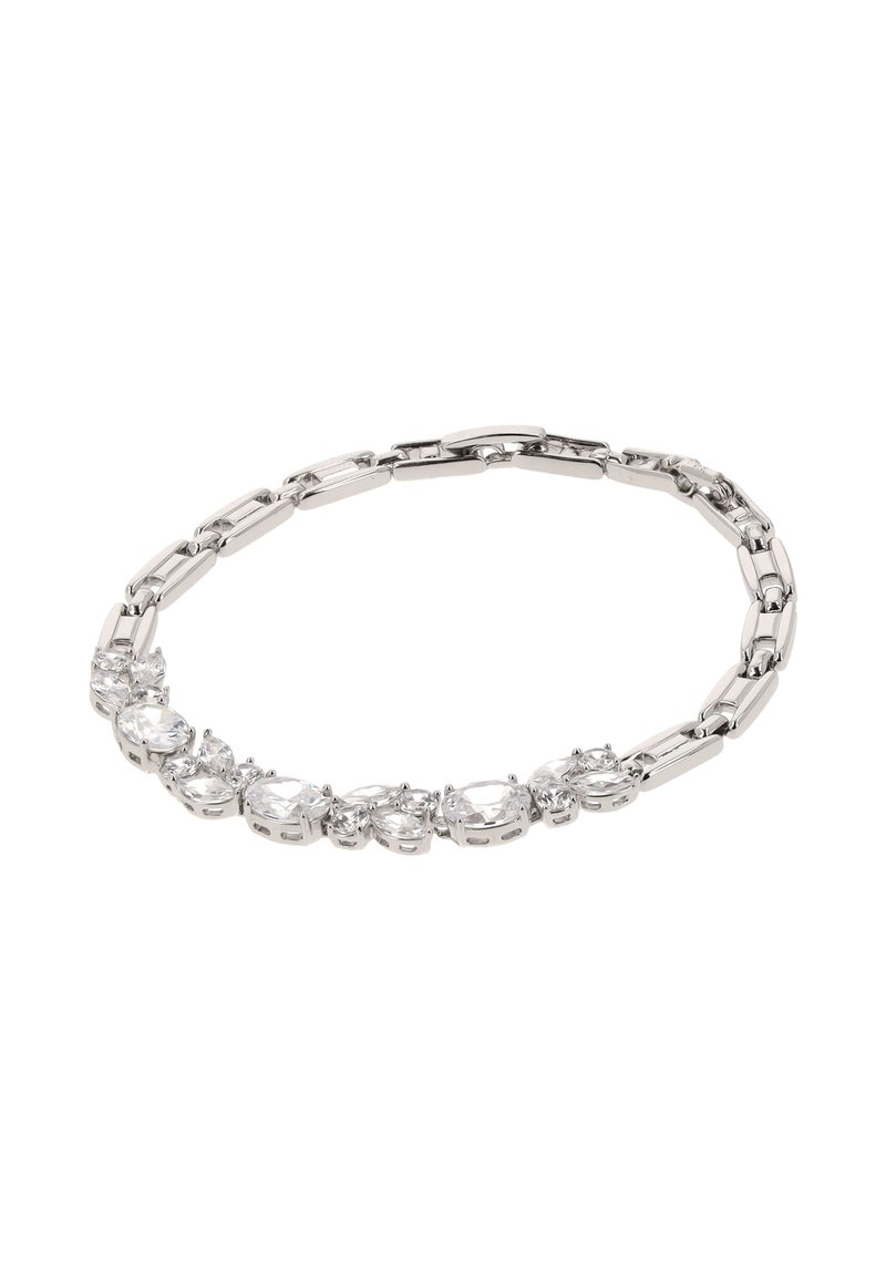 Bracciale in argento con gemme chiare ovali alternate e link allungati, che evidenzia una superficie liscia e lucida.