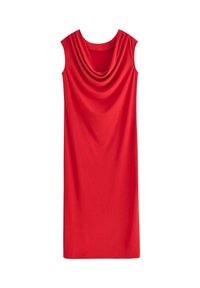 Abito rosso senza maniche con scollo a barchetta, realizzato in tessuto liscio, caratterizzato da una linea dritta e un design minimalista. Nessun accento o motivo visibile.