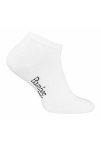 Weiße Knöchelsocken aus Bambusmaterial. Mit geripptem Bund und aufgedrucktem "Bamboo Socks"-Logo in schwarz an der Seite. Weicher Textil.